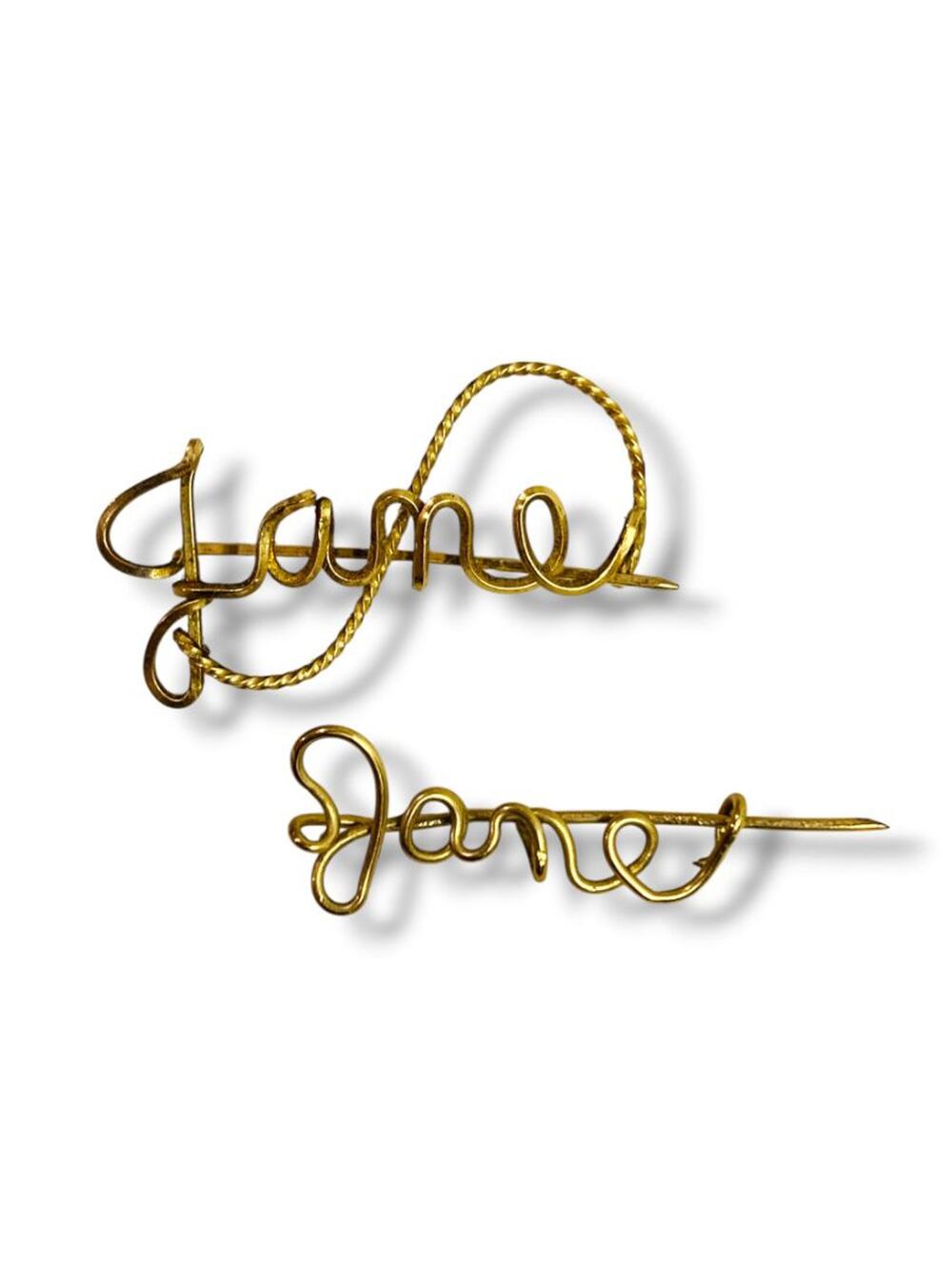Set of 2 Vintage Script Name "Jane" Pins Brooch 1.25" Goldtone